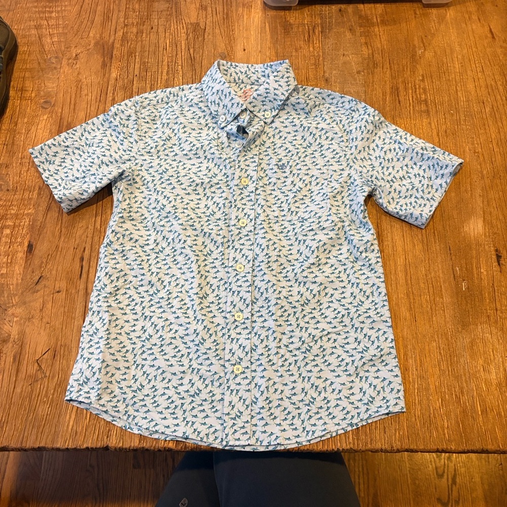 Southern Tide Kids Blue shark short sleeve Button Down Shirt